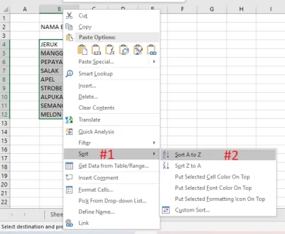 Menu klik kanan dengan Sort (#1) dan Sort A to Z (#2)