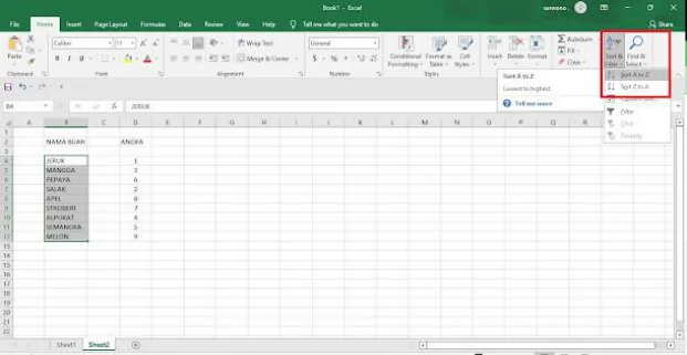 Menu Sort & Filter pada tab Home dengan pilihan Sort A to Z dan Sort Z to A