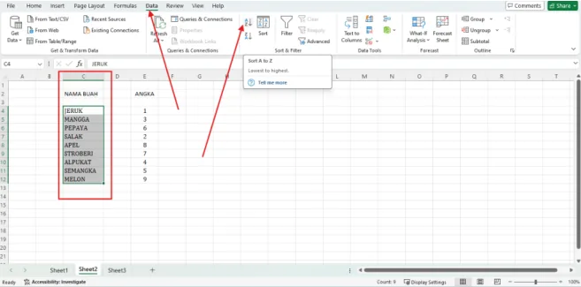 Tombol Sort A to Z dan Z to A pada tab Data