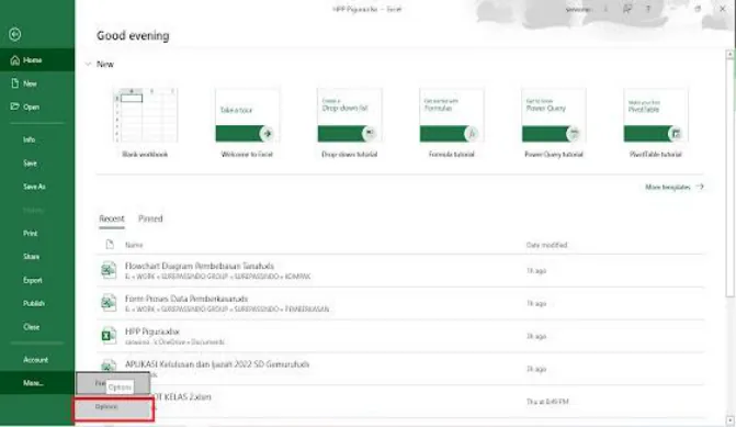 Menu File, More, lalu Options pada Excel