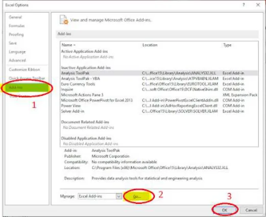 Jendela Excel Options pada tab Add-Ins dengan tombol Go