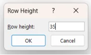 Kotak dialog Row Height dengan isian tinggi baris