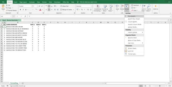 Menu Format pada tab Home untuk membuka Row Height
