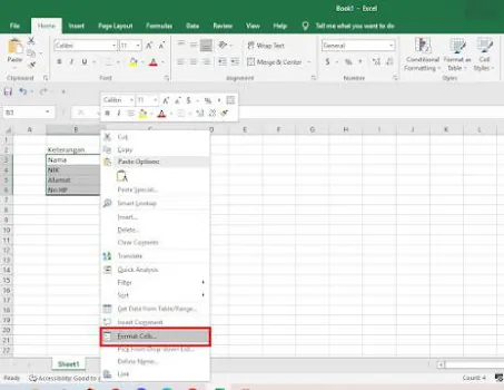 Menu klik kanan dengan pilihan Format Cells