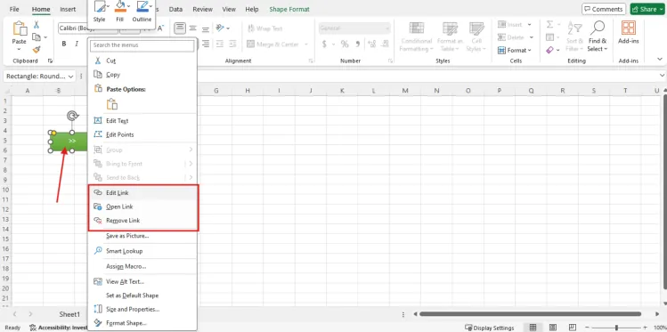 Menu klik kanan pada bentuk dengan pilihan Edit Link dan Remove Link