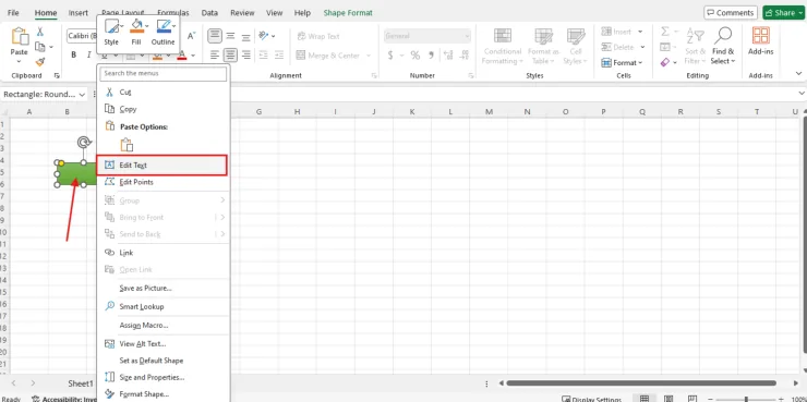 Menu klik kanan pada bentuk dengan pilihan Edit Text