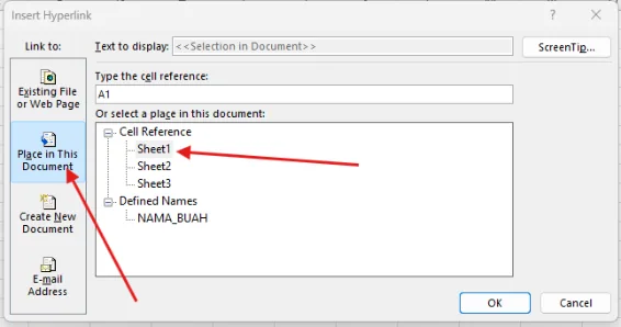 Jendela Insert Hyperlink dengan Place in This Document dan Cell Reference Sheet1
