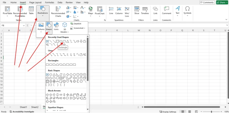 Tab Insert, Illustrations, Shapes dengan daftar bentuk