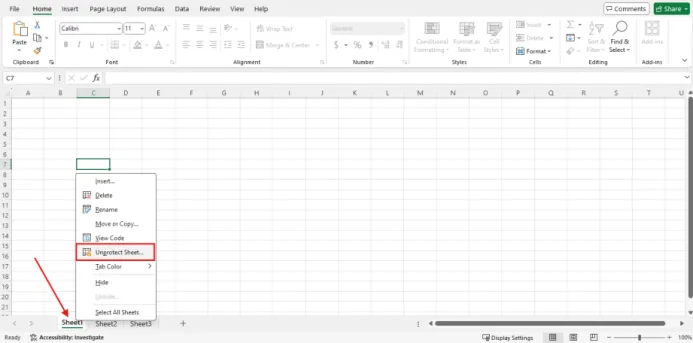Menu klik kanan pada tab sheet dengan pilihan Unprotect Sheet