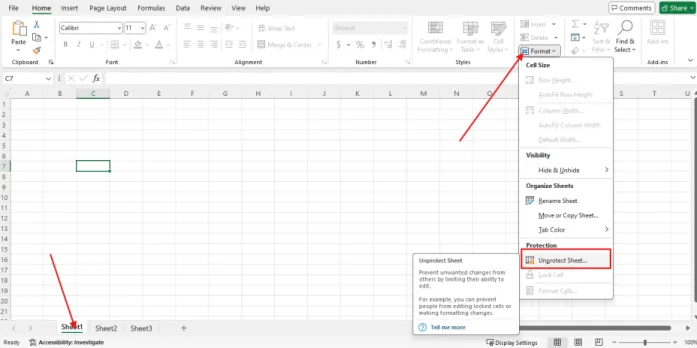 Menu Format dengan pilihan Unprotect Sheet