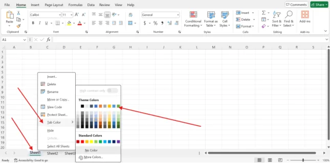 Menu klik kanan pada tab sheet dengan pilihan Tab Color