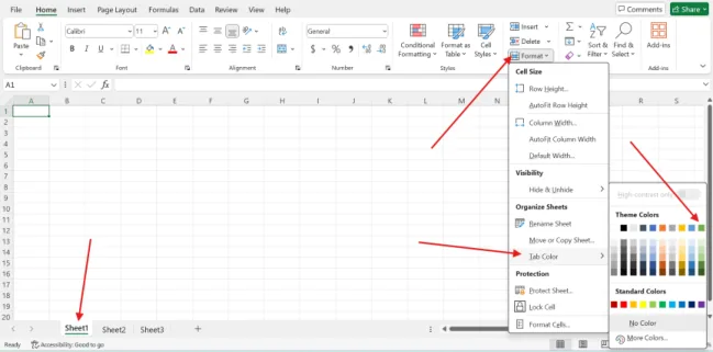 Menu Format, Tab Color, lalu pilihan warna
